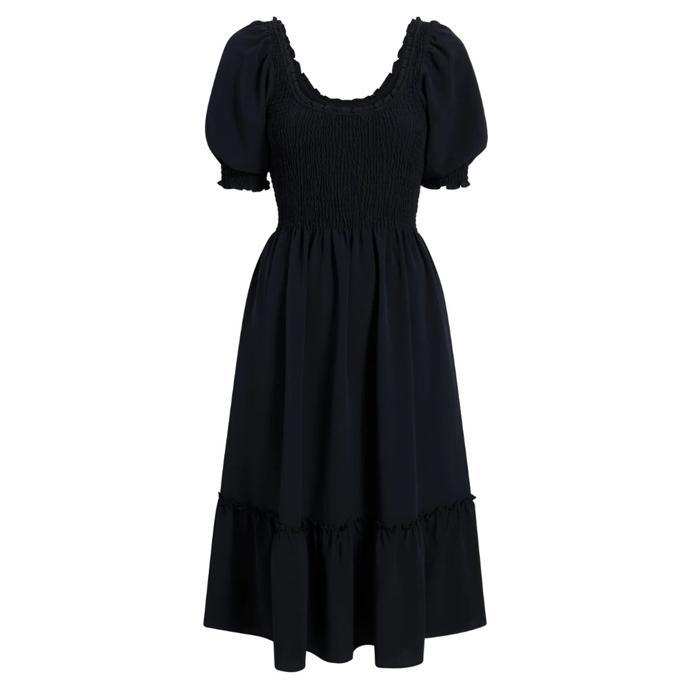 Hill House Black Smocked Puff-Sleeve Midi Dress